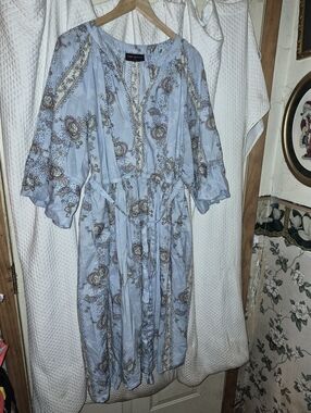 Lane Bryant Light Blue Paisley Long Blouson Sleeve Notch Neck Midi Dress Size 22